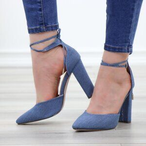 Denim Block Heel Pumps Pointed Toe Wraparound Ankle Tie High Heel